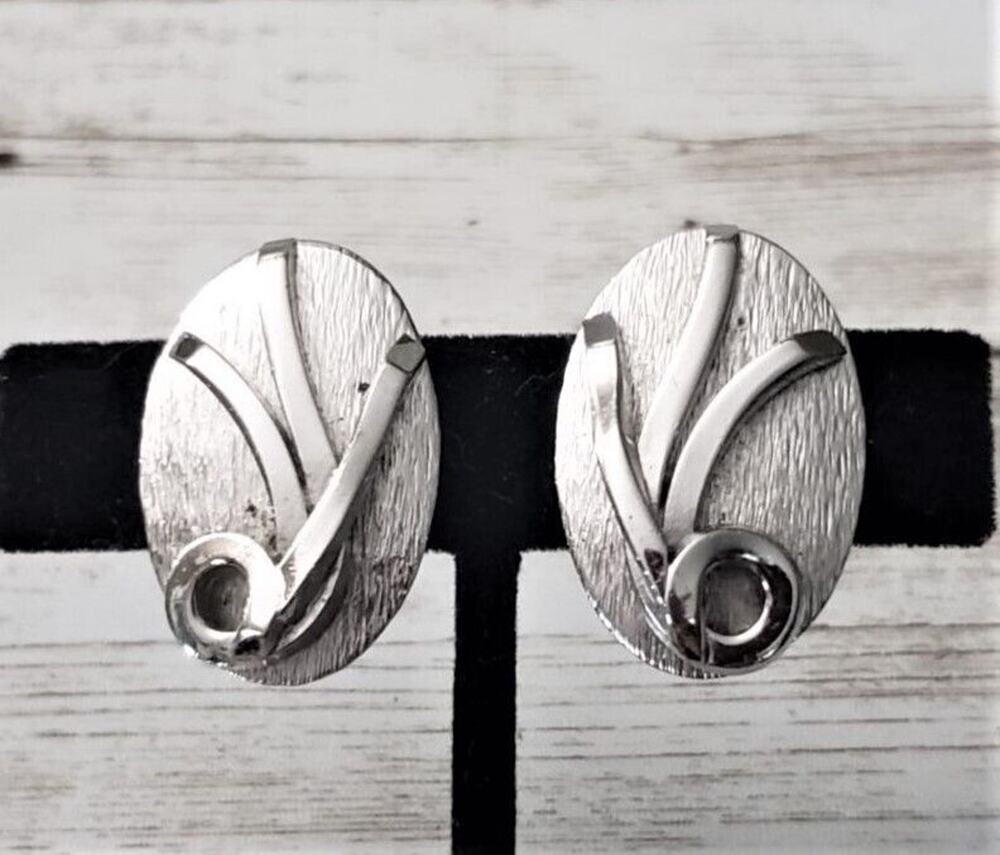 Vintage Whiting & Davis Co Clip On Earrings Silver Tone Oval with Flower
